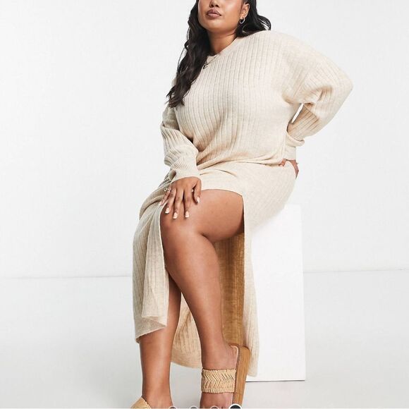 ASOS DESIGN Curve Knitted maxi dress with side split in wide rib in oatmeal - Picture 2 of 6
